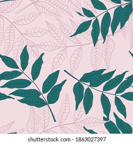 Hand Drawn Seamless Foliage Pattern. Cute background with pink green  line leaves on pink background.