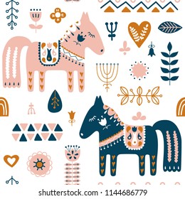 Hand drawn seamless folk art pattern. Nordic repeating pattern with Dala Horse and forest floral elements. Vector illustration.