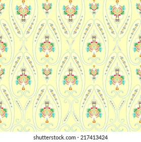 Hand drawn seamless folk pattern on yellow background
