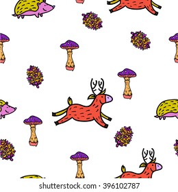 Hand drawn seamless forest pattern with deer, hedgehog, mushrooms and pine cones. Great for backgrounds, textile prints, cards, wrapping paper.
