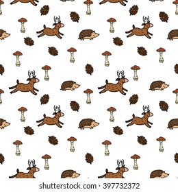 Hand drawn seamless forest pattern with deer, hedgehog, mushrooms and pine cones. Great for backgrounds, textile prints, cards, wrapping paper.
