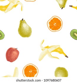 Hand drawn seamless fruit pattern wih apple, banana, orange, pear and kiwi