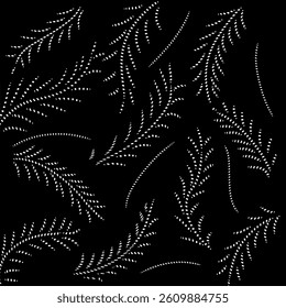 Hand Drawn Seamless Geometric Dashed Line White Leaf Pattern with Swirls and Curves on black background Minimalistic Leaf Vector Illustration for fabric curtain cushion carpet wallpaper gift wrap etc.