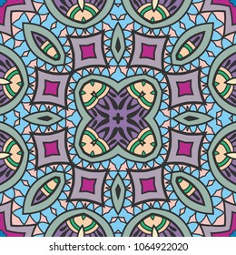 Hand drawn seamless geometric floral pattern, repeating texture for textile fabric or paper print. Colorful doodle background. Tribal ethnic ornament, design for book cover, invitation card design