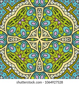 Hand drawn seamless geometric floral pattern, repeating texture for textile fabric or paper print. Colorful doodle background. Tribal ethnic ornament, design for book cover, invitation card design