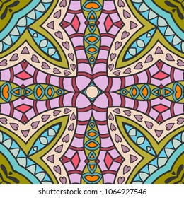 Hand drawn seamless geometric floral pattern, repeating texture for textile fabric or paper print. Colorful doodle background. Tribal ethnic ornament, design for book cover, invitation card design