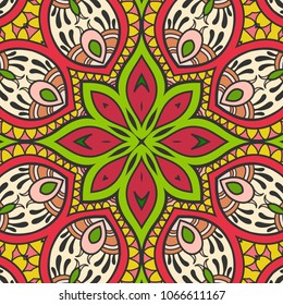 Hand drawn seamless geometric floral pattern, repeating texture for textile fabric or paper print. Colorful doodle background. Tribal ethnic ornament, design for book cover, invitation card design