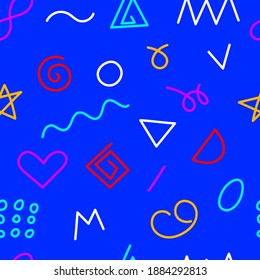 Hand drawn seamless geometric memphis pattern. Memphis wallpaper background, print, textile, fabric
