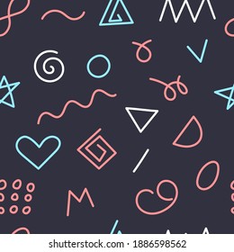 Hand drawn seamless geometric memphis pattern. Memphis wallpaper background, print, textile, fabric