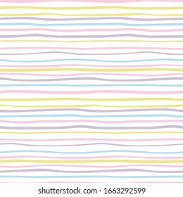 Hand drawn seamless geometric vector pattern with horizontal stripes, pastel on white background. Scandinavian style flat design. Concept Easter, spring day kids textile print, wallpaper, packaging.