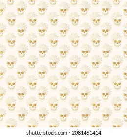 Hand drawn seamless golden pattern with skull with flowers. Floral vector illustration in vintage style  for wrapping paper, t-shirt design, fabrics and other uses.