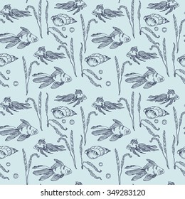Hand drawn seamless goldfish pattern with a shell and pearl in vector