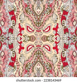 Hand drawn seamless graphic pattern, colorful artistic background with floral and geometric elements. Doodle ethnic mandala ornament for textile fabric, paper print. Surface texture 