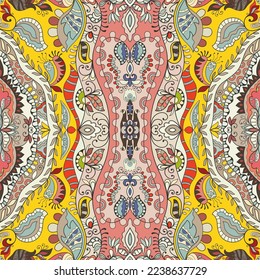 Hand drawn seamless graphic pattern, colorful artistic background with floral and geometric elements. Doodle ethnic mandala ornament for textile fabric, paper print. Surface texture 