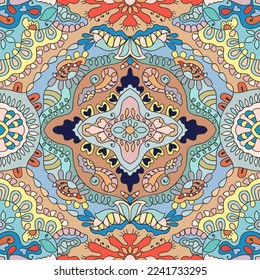 Hand drawn seamless graphic pattern, colorful artistic background with floral and geometric elements. Doodle ethnic mandala ornament for textile fabric, paper print. Surface texture 