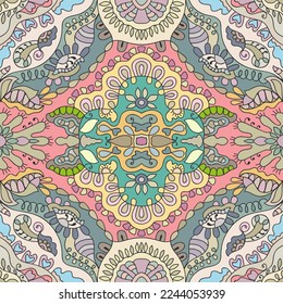 Patrón gráfico sin fisuras dibujado a mano, fondo artístico colorido con elementos florales y geométricos. Ornamento de Doodle étnico mandala para tela textil, papel impreso. Textura de superficie 