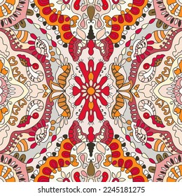 Hand drawn seamless graphic pattern, colorful artistic background with floral and geometric elements. Doodle ethnic mandala ornament for textile fabric, paper print. Surface texture 