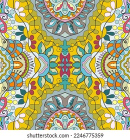 Hand drawn seamless graphic pattern, colorful artistic background with floral and geometric elements. Doodle ethnic mandala ornament for textile fabric, paper print. Surface texture 