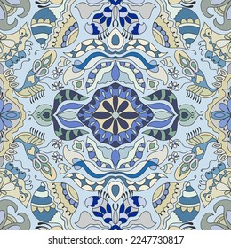 Hand drawn seamless graphic pattern, colorful artistic background with floral and geometric elements. Doodle ethnic mandala ornament for textile fabric, paper print. Surface texture 