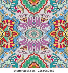 Hand drawn seamless graphic pattern, colorful artistic background with floral and geometric elements. Doodle ethnic mandala ornament for textile fabric, paper print. Surface texture 