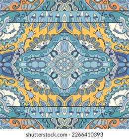 Handgezeichnet nahtlose grafische Muster, bunter künstlerischer Hintergrund mit floralen und geometrischen Elementen. Doodle ethnische Mandala-Ornament für Textilien, Papierdruck. Oberflächenstruktur 