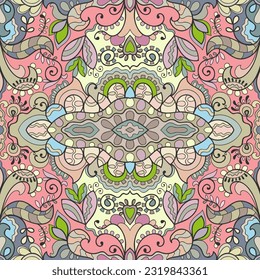 Handgezeichnet nahtlose grafische Muster, bunter künstlerischer Hintergrund mit floralen und geometrischen Elementen. Doodle ethnische Mandala-Ornament für Textilien, Papierdruck. Oberflächenstruktur 