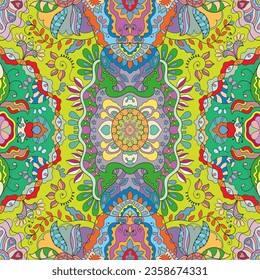 Hand drawn seamless graphic pattern, colorful artistic background with floral and geometric elements. Doodle ethnic mandala ornament for textile fabric, paper print. Surface texture 