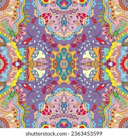 Hand drawn seamless graphic pattern, colorful artistic background with floral and geometric elements. Doodle ethnic mandala ornament for textile fabric, paper print. Surface texture 