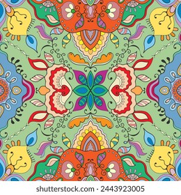 Hand drawn seamless graphic pattern, colorful artistic background with floral and geometric elements. Doodle ethnic mandala ornament for textile fabric, paper print. Surface texture 