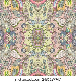 Hand drawn seamless graphic pattern, colorful artistic background with floral and geometric elements. Doodle ethnic mandala ornament for textile fabric, paper print. Surface texture 