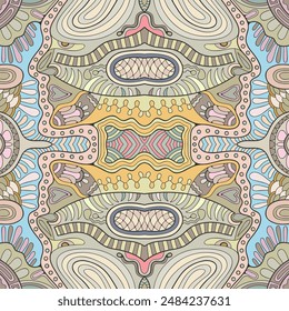 Handgezeichnetes nahtloses Grafikmuster, farbenfroher künstlerischer Hintergrund mit floralen und geometrischen Elementen. Doodle Ethno Mandala Ornament für Textilgewebe, Papierdruck. Oberflächenbeschaffenheit 