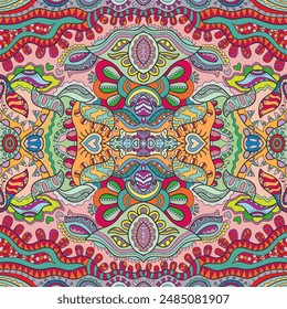 Hand drawn seamless graphic pattern, colorful artistic background with floral and geometric elements. Doodle ethnic mandala ornament for textile fabric, paper print. Surface texture 
