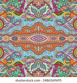 Hand drawn seamless graphic pattern, colorful artistic background with floral and geometric elements. Doodle ethnic mandala ornament for textile fabric, paper print. Surface texture 