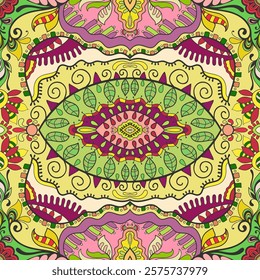 Hand drawn seamless graphic pattern, colorful artistic background with floral and geometric elements. Doodle ethnic mandala ornament for textile fabric, paper print. Surface texture 