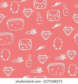 hand drawn seamless graphic pink pattern of girl stuff woman things fashion vector object. Lady accessories background.