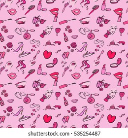 hand drawn seamless graphic pink pattern of girl stuff woman things fashion vector object. Lady accessories background