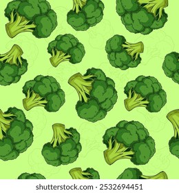 Hand drawn seamless green pattern of fresh healthy organic green broccoli, for the immune system 