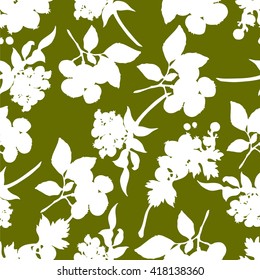 Hand drawn seamless green pattern with silhouettes of  berries from branches and leaves. blueberry, red currant , rowan. 