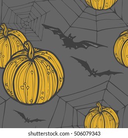 Hand drawn seamless halloween background with pumkin, bat and web.