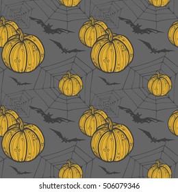 Hand drawn seamless halloween background with pumkin, bat and web.