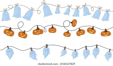 Guirnaldas de halloween sin costuras dibujadas a mano. Linterna de calabaza con aligeramiento, fantasmas en hilos con arcos y bucles, fantasmas en pinzas de ropa. Decoración espeluznante aislada en blanco.