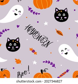 Hand drawn seamless Halloween pattern with pumpkin, cute black cat, ghost, leaves in a children's style, lettering Boo, star. Print, background for wrapping paper, textiles, T-shirts, postcards.Vector