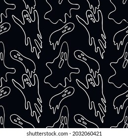 Hand drawn seamless Halloween pattern.The contours of the ghosts b on a black background. Vector illustration.