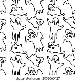 Hand drawn seamless Halloween pattern. Black outlines of ghosts on a transparent background. Vector illustration.