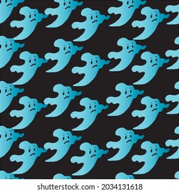 Hand drawn seamless Halloween pattern.The contours of the blue ghosts on a dark blue background. Vector illustration.
