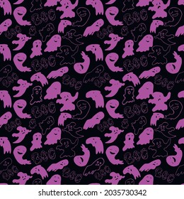 Hand drawn seamless Halloween pattern. Lilac ghosts on a black background. Vector illustration.   