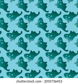 Hand drawn seamless Halloween pattern. Green ghosts on a blue background. Vector illustration.   