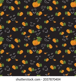 Hand drawn seamless Halloween pattern. Colorful pumpkins on a black background. Vector illustration.
