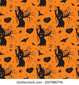 Hand drawn seamless Halloween pattern.The contours of the symbols of the holiday on a colored background. Vector illustration.