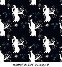 Hand drawn seamless Halloween pattern.The contours of the symbols of the holiday on a black background. Vector illustration.